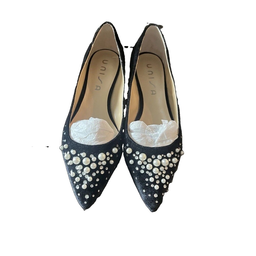 UNISA Black Rhinestone And Pearl Embellished Dress Flats Women's Size 9.5